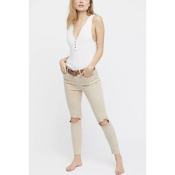 Free People Khaki Color High Rise Busted Knee Skinny Jeans 30R - Picture 1 of 9